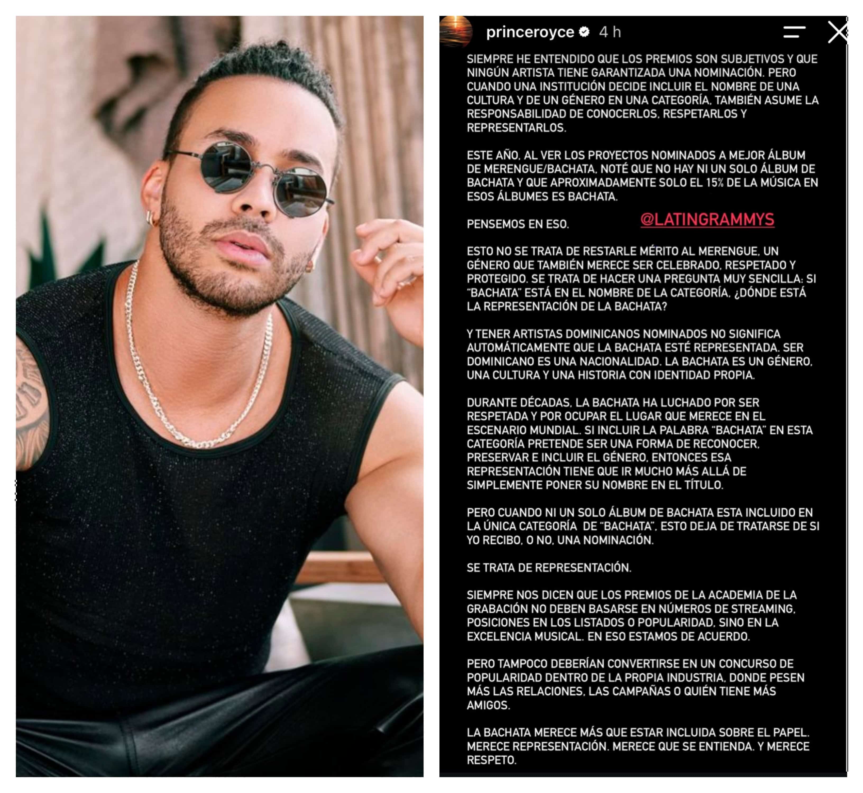 Prince Royce cuestiona ausencia de álbumes de bachata en nominaciones al Latin Grammy 2026